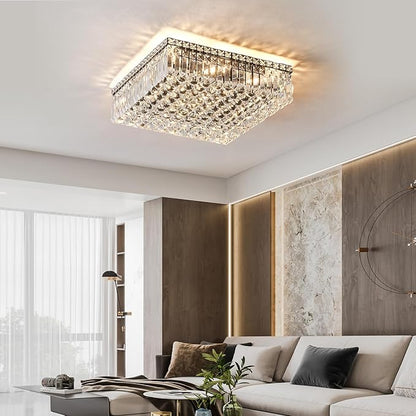12-Lights Black Crystal Flush Mount Ceiling Light Fixtures,Elegant Crystal Chandelier Pendant Ceiling Lamp for Bedroom,Living Room,Dining Room,Hallway H5.9 x W20 x L20 (Bulb Not Included)Square