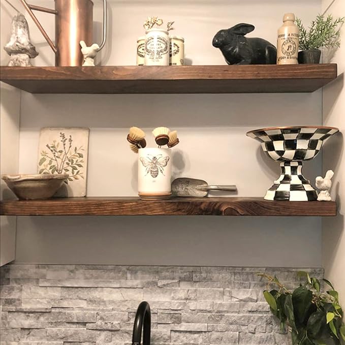 URBANDI, Rustic Floating Shelves, Set of 2, Hidden Bracket, Solid Wood, Heavy Duty, Wall Mounted Shelves, (Provincial, 60Wx12D)