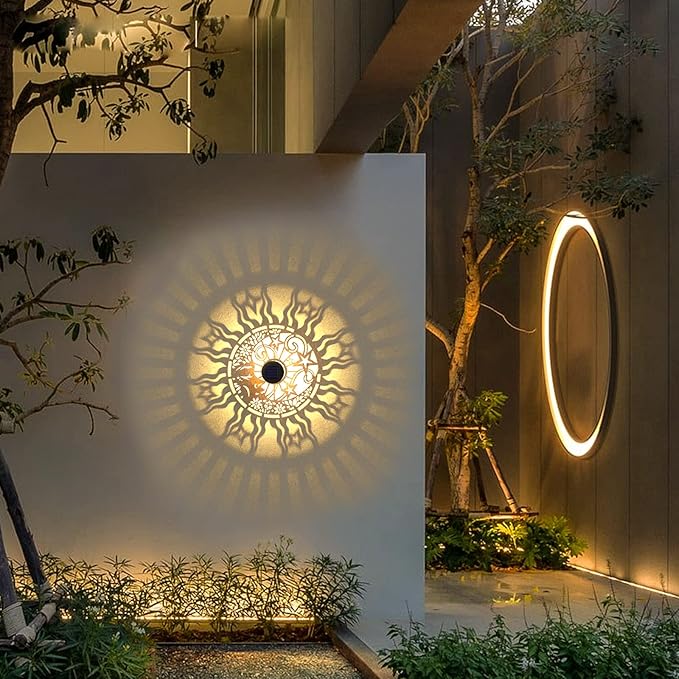 2 Pack Solar Fence Lights Metal Solar Powered Outdoor Wall Deck Lights Sun Moon Theme Waterproof Fence Light for Garden Post Patio Backyard Yard Decor (Face, 2 Pack)