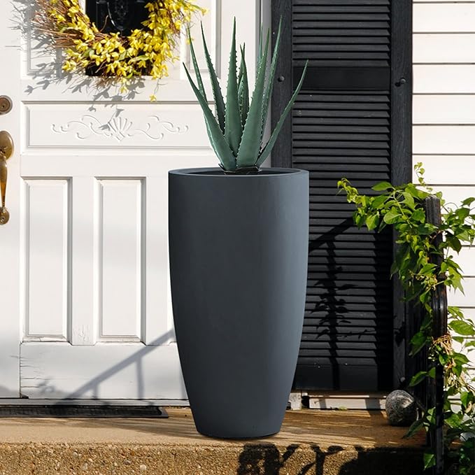 Kante 23.6" H Charcoal Concrete Tall Planters (Set of 2), Large Outdoor Indoor Decorative Plant Pots with Drainage Hole and Rubber Plug, Modern Style for Home and Garden
