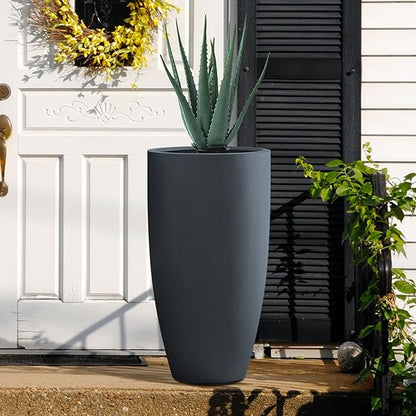 Kante 23.6" H Charcoal Concrete Tall Planters (Set of 2), Large Outdoor Indoor Decorative Plant Pots with Drainage Hole and Rubber Plug, Modern Style for Home and Garden