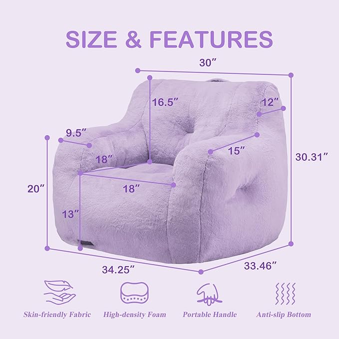 Hobestluk Bean Bag Chair for Adult Small Bean Bag Chairs with Arms Furry Beanbag Chair with Foam Filler Stuffed Bean Bag Sofa for Reading in Bedroom Living Room and Dorms (Purple)