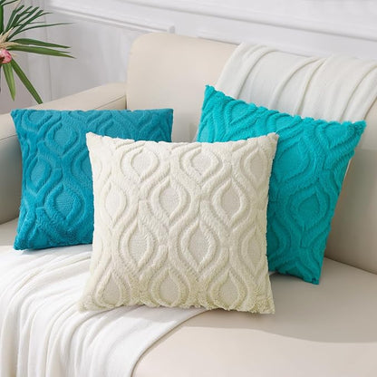 decorUhome Fall Throw Pillow Covers 22x22 Inch Set of 2, Soft Plush Decorative Faux Fur Teal Solid Couch Pillow Covers, Accent Farmhouse Neutral Square Euro Pillow Cases for Sofa Bed Living Room