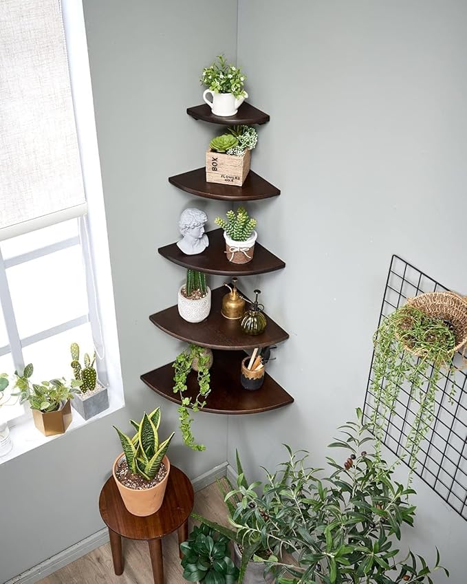 Corner Shelf, Solid Oak Wood Floating Corner Shelf Wall Mount Round End Floating Speaker with Wire Hole for Small Plant Photo for Bedroom Kitchen, Living Room