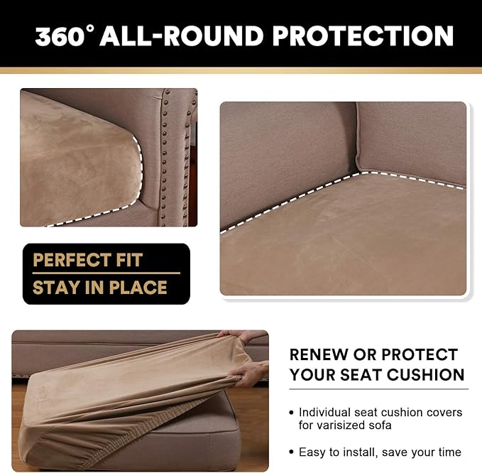 PrinceDeco Stretch Velvet Couch Cushion Covers, Soft Cushion Slipcover for Chair Loveseat Sofa Cushion Furniture Protector Seat Cushion Sofa Cover (Each Width Up to 29.5", Camel)