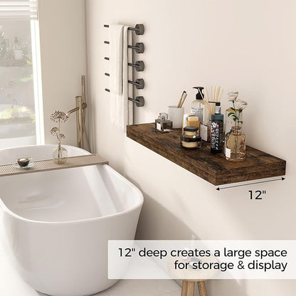 Floating Shelves 30 Inch Long, 12 Inch Deep Floating Shelf for Books, Rustic Wood 30 x 12 Storage Shelves for Wall Storage & Display, Thicked Wall Shelf for Kitchen, Living Room, Rustic Brown, 1 Pack