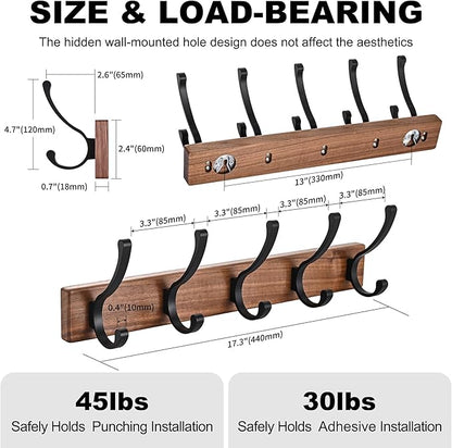17.3" Small Wooden Coat Rack Wall Mount with 5 Hooks, Entryway Wall Hooks Coat Hanger for Hanging Towel Jacket Clothes Hat Backpack Shoe Purse Key Holder Multi Hook Rail by Black Walnut Wood
