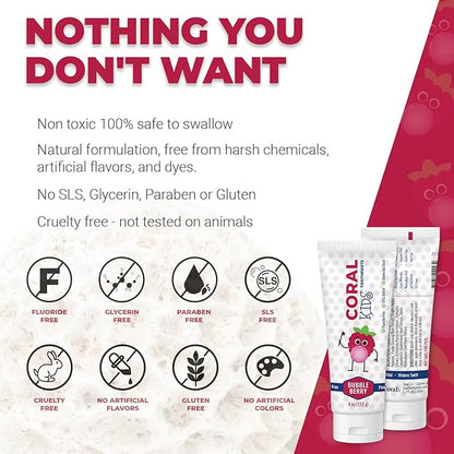 Coral White Kids Bubble Berry Fluoride Free Toothpaste - 4 Ounces (2 Pack)