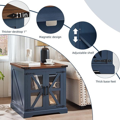24" End Table with Charging Station, Farmhouse Night Stand with Glass Barn Door, White Nightstands with Adjustable Storage Shelf, Large Wood Square Bed Side Table for Living Room,Bedroom