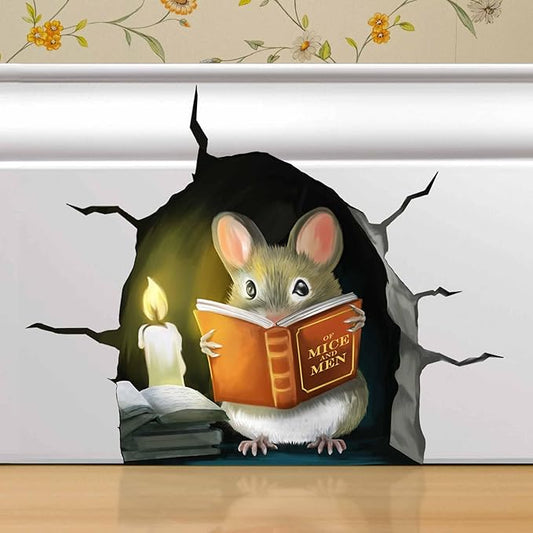 3D Mouse Reading Book in Mouse Hole, Decal Sticker, Removable Wall Decor, Book Lover Gift Idea, Baseboard, Wall Sticker Decal, Kids Room, Classroom, Library
