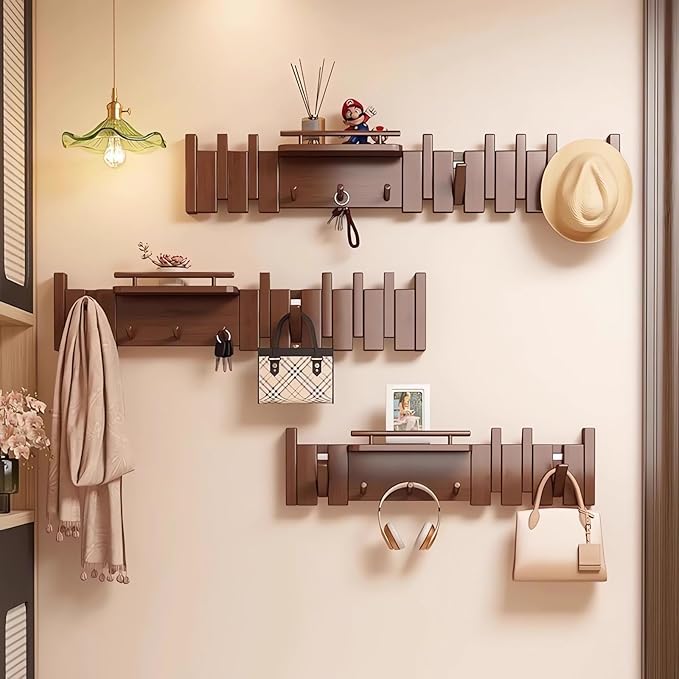 Wall Mounted Piano Key Hanger | Flip Style Hook | Entrance Wall Art Hook, Made of Oak Wood (3 Times Painted, 4 Times Polished) (Fence Beech, 8Hooks)