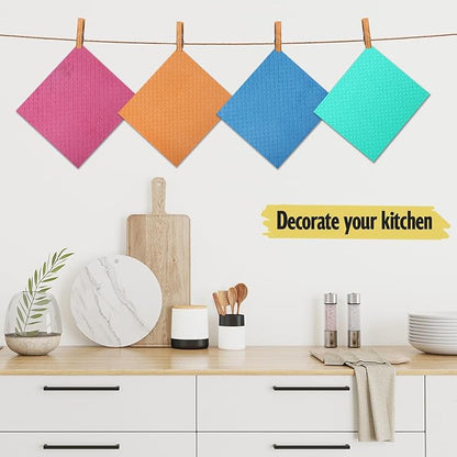Swedish Dishcloths - 10 Pack Reusable Kitchen Dishcloths - Ultra Absorbent Dish Towels for Washing Dishes - Cellulose Sponge Cloth Cleaning Cloths - Orange