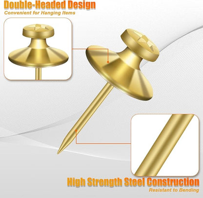 KURUI 60-Pack Metal Push Pins for Wall Hanging Decor, Renter Friendly Hooks for Bedroom Office Gallery Dorm Home, Double Headed Thumb Tacks for Tapestry/Canvas/ Picture Frame/Art, Gold Picture Hangers