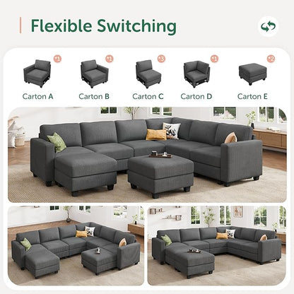HONBAY Corduroy Sectional Couch with Storage U Shaped Sectional Sofa Modular Sectional Couches for Living Room, Dark Gray