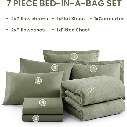 Monbix Queen Comforter Set - 7 Pieces Cationic Dyeing Sage Green Bed in a Bag Queen Bedding Sets with Comforter, Sheets, Pillowcases & Shams, Reversible Bedding Comforters Sets