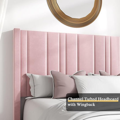 HOMBCK Queen Bed Frame Pink Upholstered Bed with Vertical Channel Tufted Headboard & 22" Footboard, Noise Free/Wooden Slats/Noise Free/No Box Spring Needed/Easy Assembly