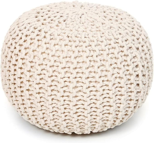 REDEARTH Round Pouf Ottoman - Cable Knitted Boho Poof - Home Décor Cord Pouffe Handmade Circular Footrest for Living Room - Bedroom - Kids Bedroom - 100% Cotton Pouf (19.5"x19.5"x14") - Natural