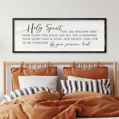 Holy Spirit You are Welcome Here Wall Decor Art 32x12 Inch Large Christian Song Bible Verse Plaque Wood Framed Sign Living Room Scripture Quote Religious For Office Wall Hanging (Black)