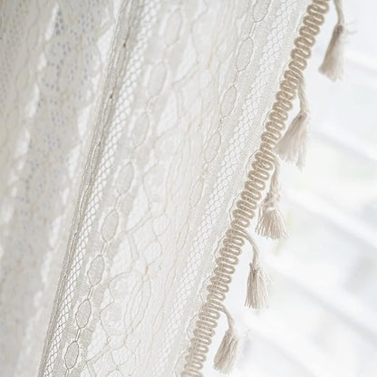 Sutuo Home Boho Curtain Crochet Lace Semi-Sheer Florals Hollow Knitted Handmade Tassels, Rod Pocket Window Treatment Vintage Rustic Farmhouse Drapes for Living Bedroom, 1 Panel 59" W x 108" L, Beige