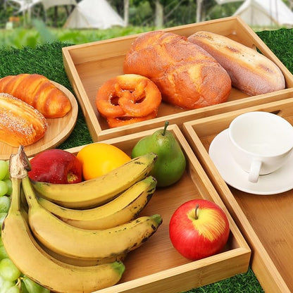2 Pack Large Bamboo Serving Tray with Handles, 14 x 10 inch Wooden Dinner Tray, Home Kitchen Breakfast Trays for Living Room Bedroom Kitchen Dinner Table, Picnic