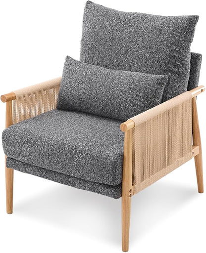 VINGLI Boho Braid Accent Armchair,Mid-Century Modern Chiar with Solid Wooden Armrest,Comfy Louge Cushion Chair with Waist Pillow for Bedroom,Living Room,Reading Room, Gray