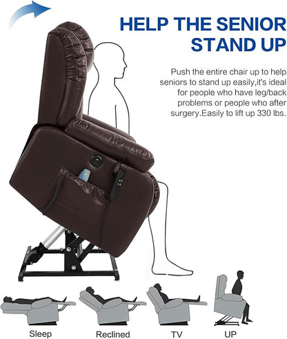 MAEVIS Power Recliner Chair, Lay Flat Sleeping Lift Chairs Recliner for Elderly with Heat and Massage,Comfy Real Breathable Leather Recliners with Dual OKIN Motor for Living Room (Brown)