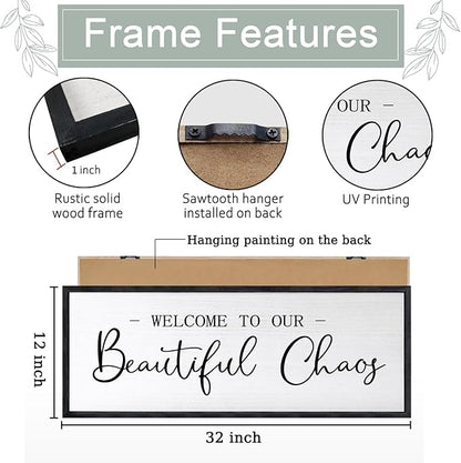 Welcome To Our Beautiful Chaos Sign Wall Decor Framed Wood 32X12 Inch For Rustic Home Living Room Entryway Bedroom Hanging Art (Black)