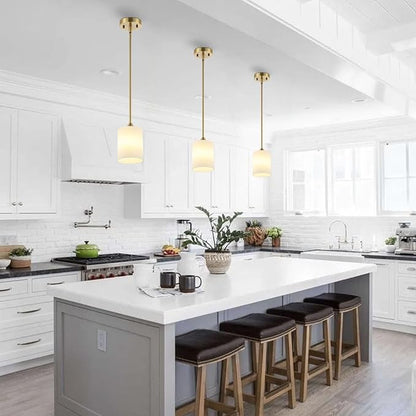 Modern Gold Pendant Light 3 Pack Brushed Brass Mid Century Chandelier White Cylinder Glass Shades Adjustable Rods Farmhouse Ceiling Hanging Lighting Fixture Kitchen Island Dining Room Bedroom