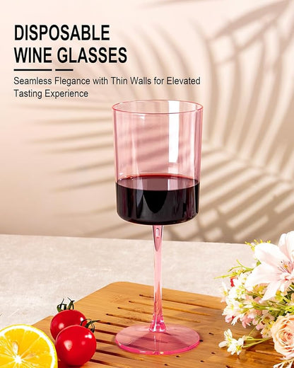 Ciaell 12 Pack Pink Plastic Wine Glasses - 10 Oz Disposable Wine Glasses with Stem for Parties & Weddings & Poolside & Outdoors & Camping