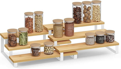 SONGMICS Display Risers, Set of 2 Engineered Wood Perfume Organizer Stand, 3-Tier Cupcake Stand Holder, Spice Rack, Shelf Risers for Figures, Dessert Shelves, Natural Beige and Ink Black UKCS016N01
