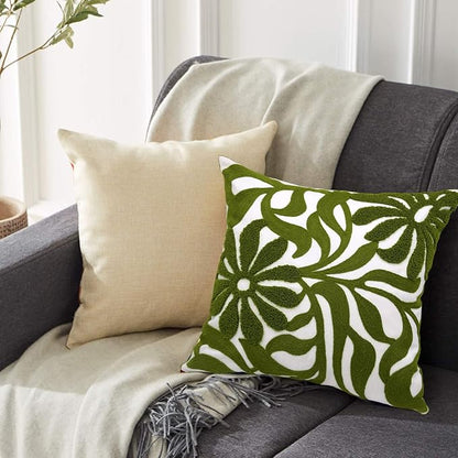 Alysheer Farmhouse Floral Leaves Embroidered Decorative Throw Pillow Cover 18x18 inches, Boho Tufted Flowers Embroidery Pattern Chic Cotton Cushion Case for Couch Bed Sofa Living Room(Olive Green)