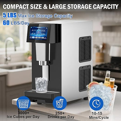 Nugget Ice Maker Countertop, 60LBS/Day with 5LBS Storage Bin, Water Dispenser Countertop Ice Maker Machine Stainless Steel, Soft Chewable Pellet Ice Machine for Home Bar Kitchen Office, Self-Cleaning