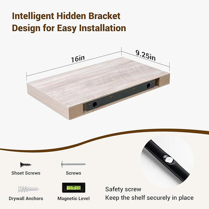 16 Inch Floating Shelves, 3D Textured Wood Grain, 16"x9.25"x1.5" Inch Deep Floating Shelves for Wall, Wooden Shelves for Bathroom, Bedroom, Living Room, Washed White