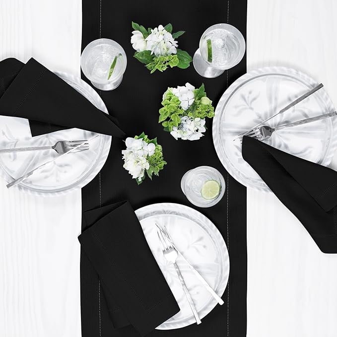 Solino Home Linen Black Table Runner 144 Inches Long - 100% Pure Linen Extra Long Table Runner 14 x 144 Inch for Fall, Autumn, Halloween, Thanksgiving - Classic Hemstitch