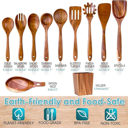 Wooden Spoons for Cooking, Acacia Wood Cooking Utensils Set – 11 Piece Wooden Kitchen Tools with Holder, Spoon Rest, Nonstick Cookware Safe by HOWHONG