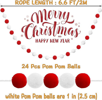 Jishi 3-Pack Pom Pom Garland Red and White Felt Ball Ornament Garland Christmas Decorations, Cute Pompom Strings for Christmas Tree Decor, Xmas Holiday Party, Birthday Banner - 6.6 Feet Long, 24 Balls