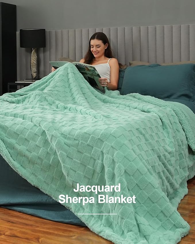 Pawque Super Soft Cozy Throw Blanket Queen Size for Couch Bed, Fluffy Sherpa Fleece Reversible Thick Warm Fuzzy Blanket for All-Season, 3D Checkered Jacquard Decorative Blankets, Sage Green, 90"x90"