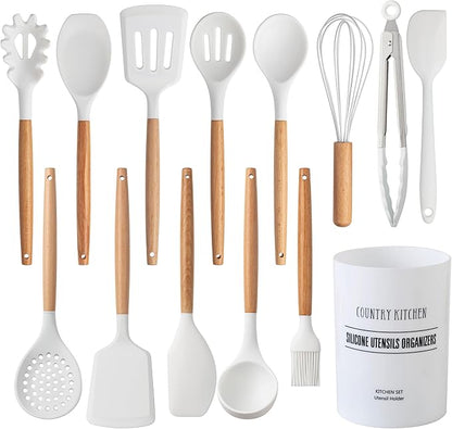 Country Kitchen Non Stick Silicone Utensil Set with Rounded Wood Handles for Cooking and Baking, 14 Piece Set, White