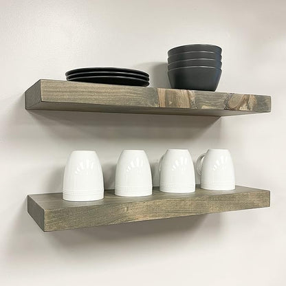 URBANDI, Rustic Floating Shelves, Set of 2, Hidden Bracket, Solid Wood, Heavy Duty, Wall Mounted Shelves, (Grey, 24Wx8D)