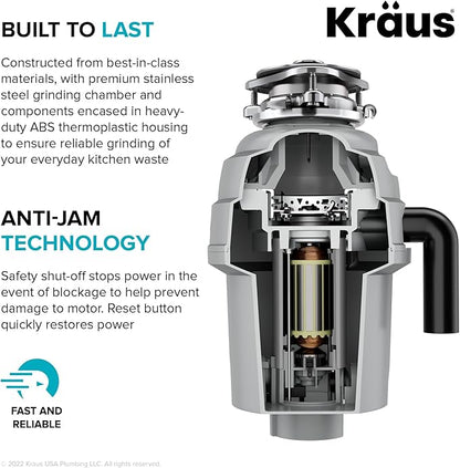 KRAUS WasteGuard High-Speed 3/4 HP Continuous Feed Ultra-Quiet Motor Garbage Disposal with Power Cord and Flange Included and Universal Mount, KWD210-75MGR