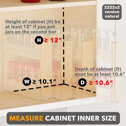 SpaceAid Bamboo Pull Out Spice Rack Organizer for Cabinet, Heavy Duty Slide Out Seasoning Kitchen Pantry Sliding Vertical Organization, 10.1" Wide, 4 Drawers(2" Wide), 2-Tier, Natural