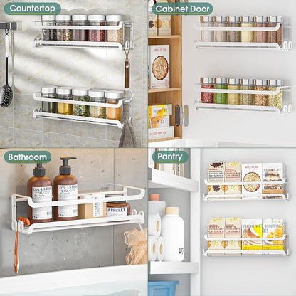 LUCYCAZ 6 Pack Wall Mounted Spice Rack with 22 Hooks, Spice Organizer Shelf for Stove Cabinet Pantry Door,Screw or Adhesive Spice Shelf Hanging Wall Spice Rack in Kitchen and RV (White, 6 PACK)