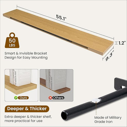 Fun Memories 55 Inch Fireplace Mantel Shelf -Long Floating Shelves, Deep Wall Mounted Farmhouse Display Shelves with Invisible Heavy Duty Metal Bracket, Oak, 2 Pack
