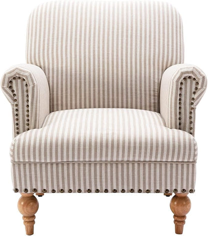 chairus Linen Accent Chair for Living Room Upholstered Mid Century Modern Single Sofa Chair with Solid Wood Legs Comfy Reading Chair Armchair for Bedroom/Office Room/Recption/Lounge, Khaki Stripe