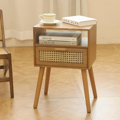 MaxSmeo Mid Century Modern Nightstand with Charging Station, Bedside Tables with Rattan Drawer, Small Wood Nightstand Side Table for Living Room,Bedroom (Brown)