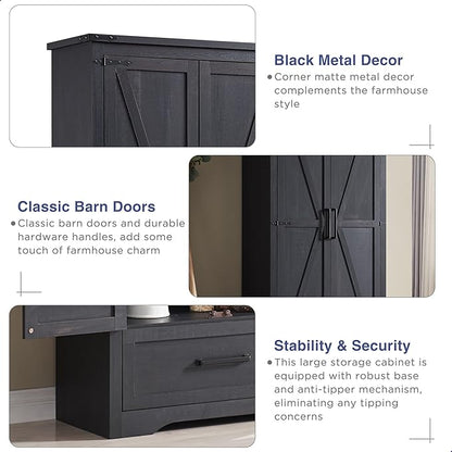 Farmhouse Kitchen Pantry Cabinet - 72" Tall Large Wood Kitchen Storage Cabinets with Adjustable Shelves & 2 Barn Doors & Drawer, Versatile Storage for Dining Room, Bathroom, Living Room, Antique Black