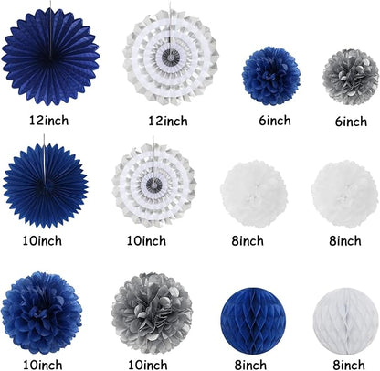 Navy-Blue White-Silver Party-Decoration Graduation Banner - 14pcs Kits Cap Garland Streamers, Royal Paper Tissue Pom Poms Flowers Fans Honeycomb,Class Of 2025 College High School Grad Decor Hugfond
