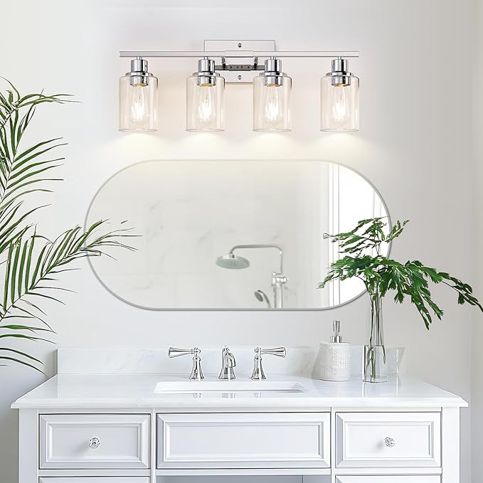 4 Light Bathroom Light Fixtures, Chrome Vanity Lights with Clear Glass Shades, Modern Bathroom Light Fixtures Over Mirror, Modern Bathroom Wall Lamp for Mirror Living Room Cabinet