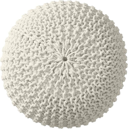 Ornavo Home Pouf Ottoman Foot Rest - 100% Cotton Pouffe - Hand Knitted Cable Braid Cord - Boho Round Stuffed Ottoman for Living Room, Bedroom - Natural