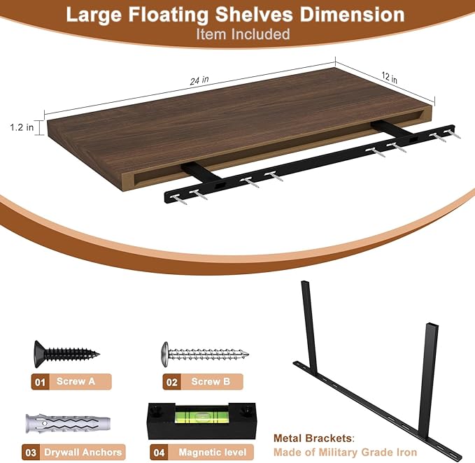 12 Inch Deep Floating Shelves for Wall 1 Pack Floating Shelves Large Storage Space Wall Mount Shelf for Living Room Kitchen Bathroom 24" W x 12" D x 1.2" H Walnut